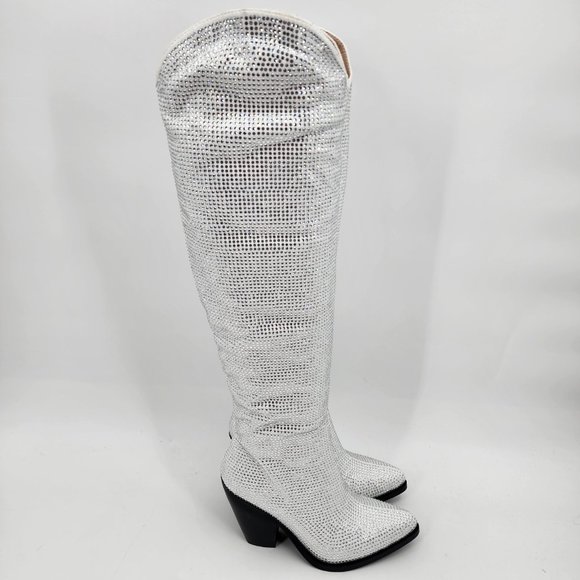 AZALEA WANG Nash Crystal Knee High Cowboy Boots White 6-10 NWT - Picture 8 of 12